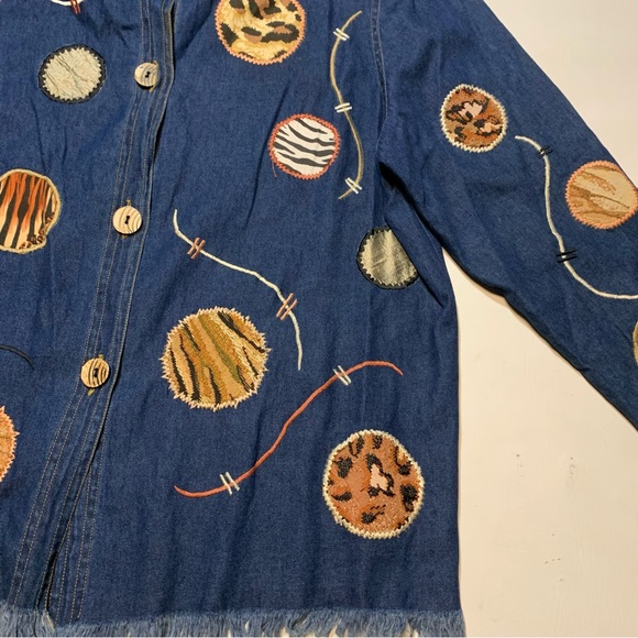 Julia Kim 1X XL animal print denim patchwork circles button up jacket 95809 raw - Picture 4 of 11